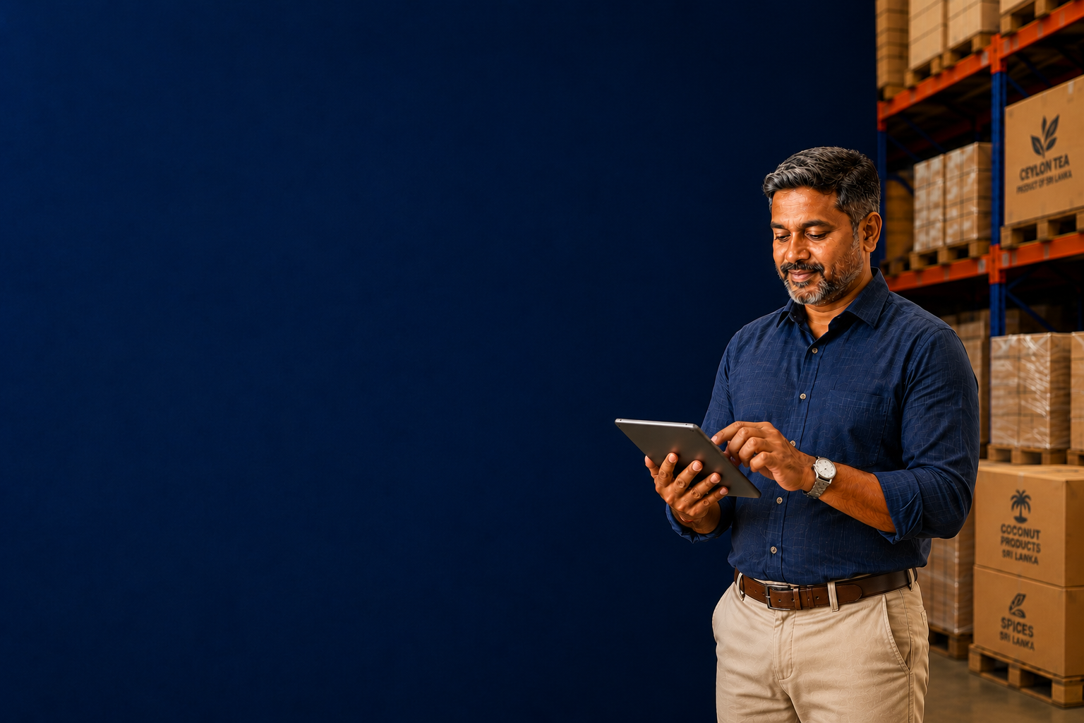 Supplier reviewing orders on a tablet in a warehouse stocked with Sri Lankan products